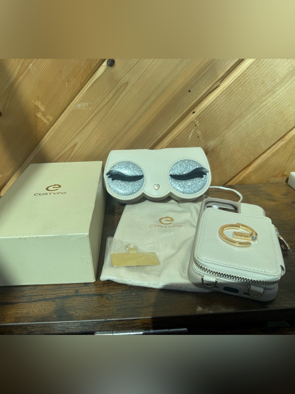 Cream Wallet Phone Case with Eyelash Glasses Holder
